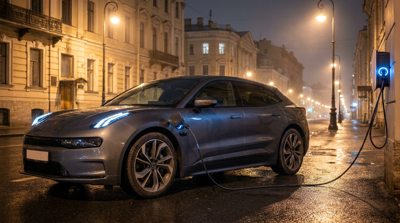 Электромобиль Zeekr 001 заряжается ночью на улице в Санкт-Петербурге