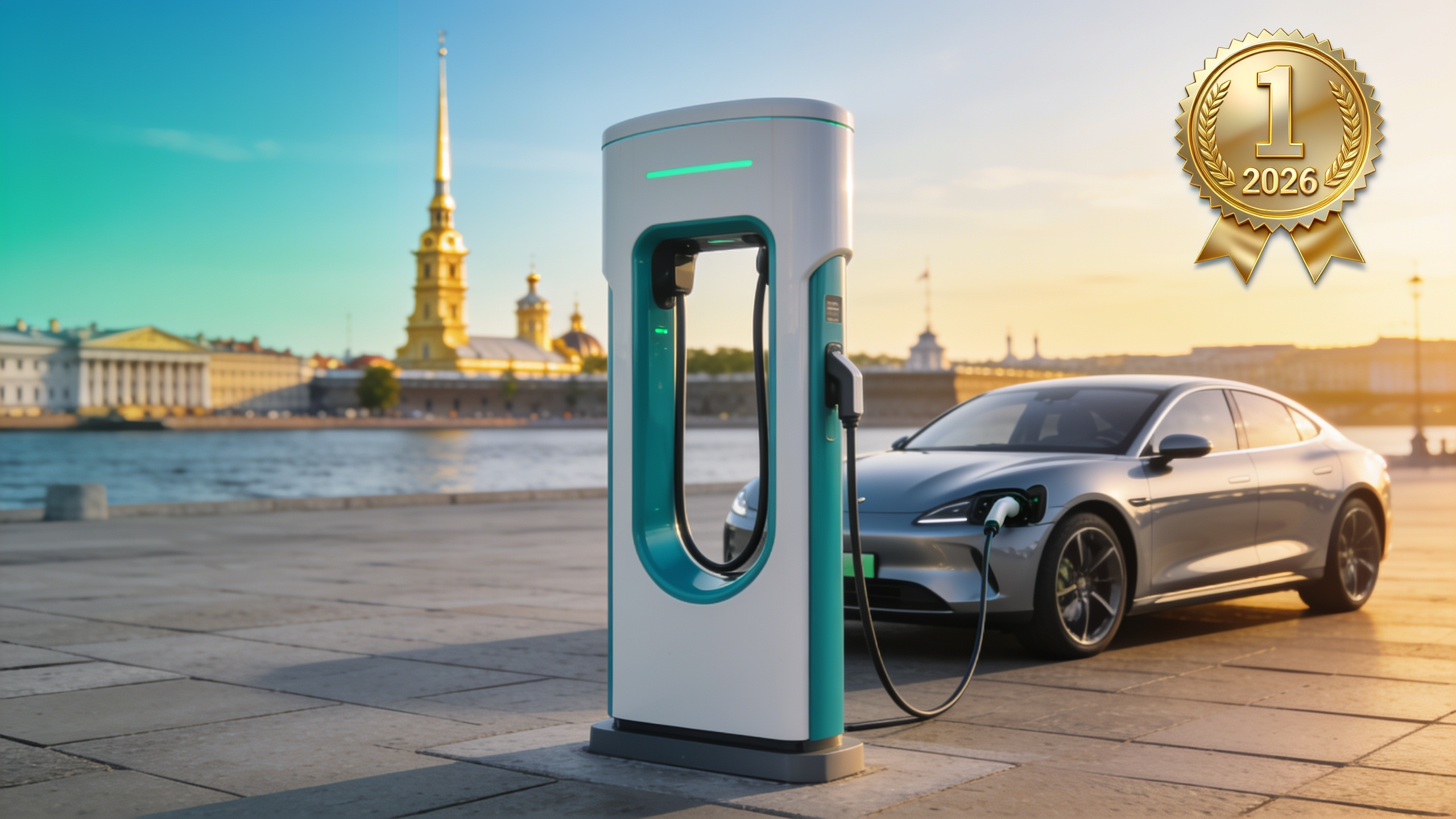 Зарядная станция для электромобиля на фоне Санкт-Петербурга и золотая медаль №1 2026 — первое место в рейтинге зарядных станций