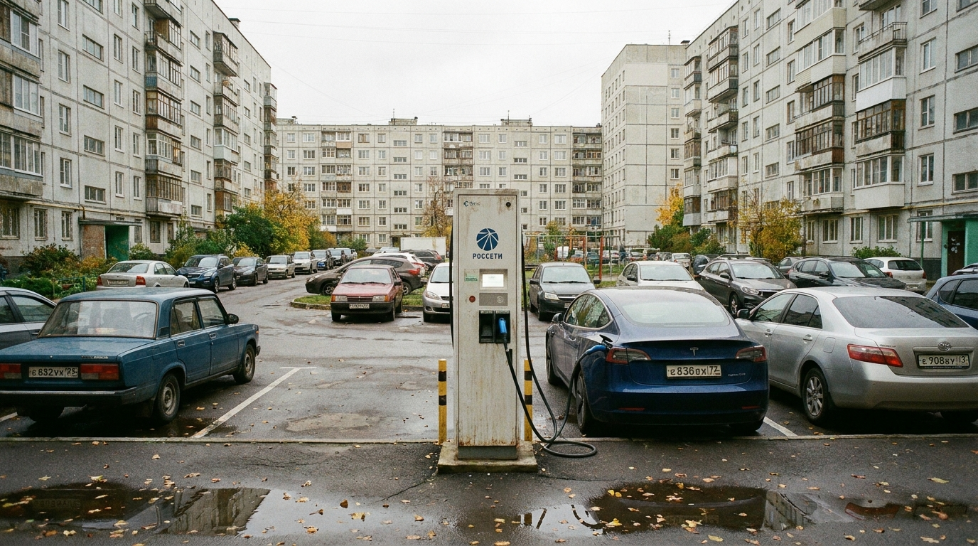 Зарядная станция для электромобиля во дворе многоквартирного дома без подземного паркинга