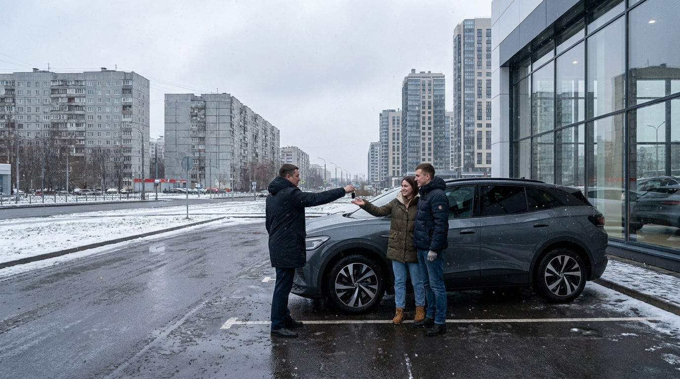 Передача ключей от нового электромобиля у автосалона на фоне петербургской застройки